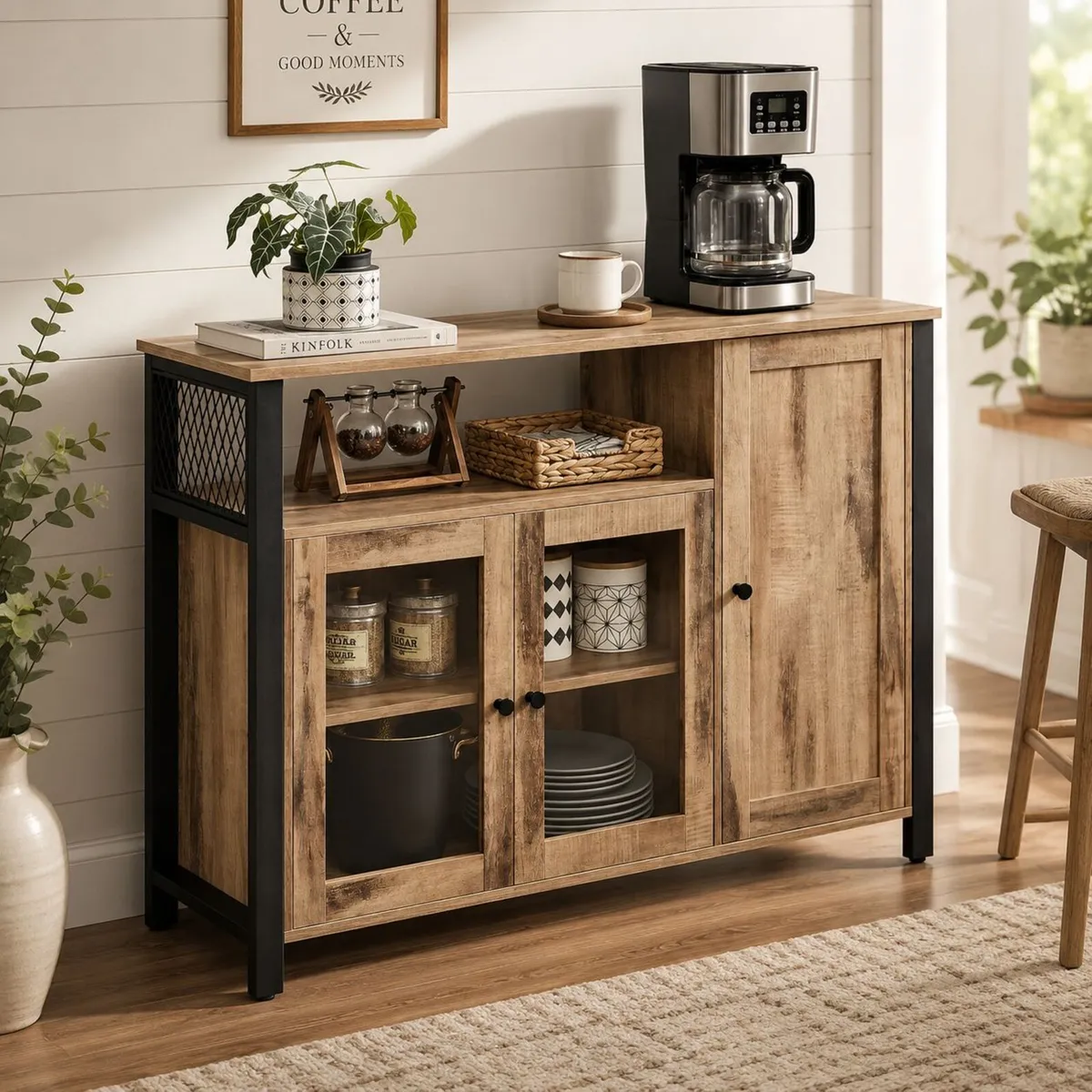 Sideboard Storage Cabinet With Glass Doors Rustic - Image 2