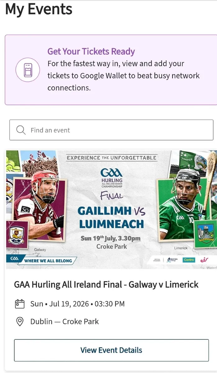 All Ireland Hurling Tickets swap for Football