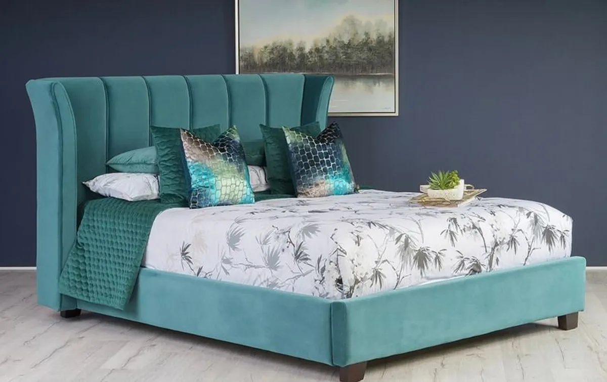 Cloudy Teal Velvet Double 4'6 Bed Frame - Image 1