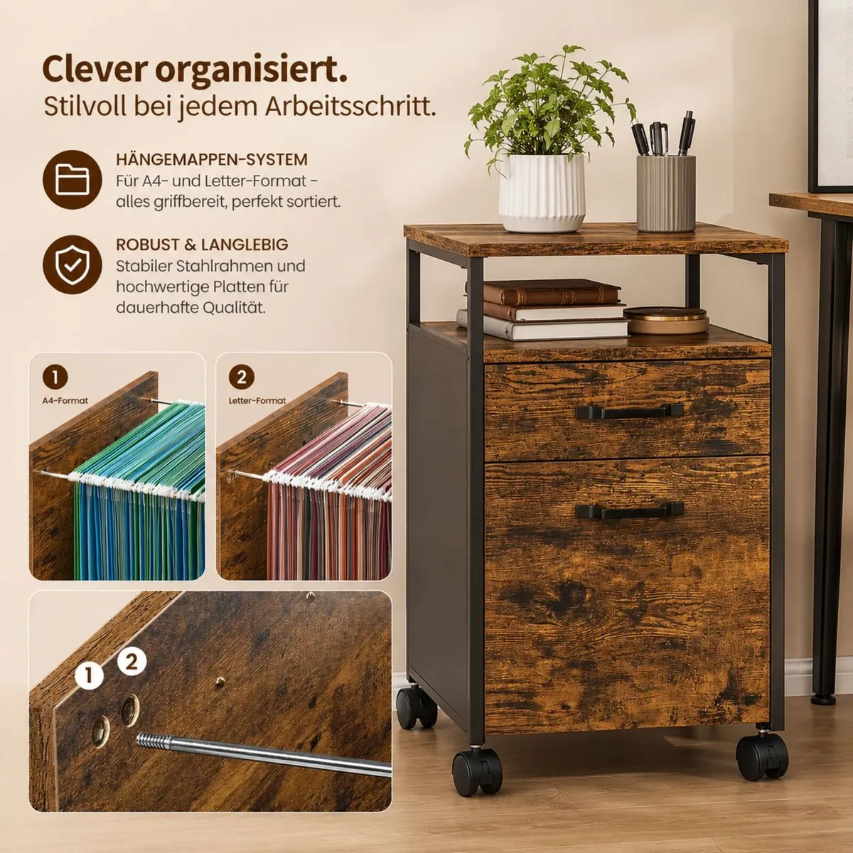 Industrial Mobile Filing Cabinet with Drawers & Ha - Image 2