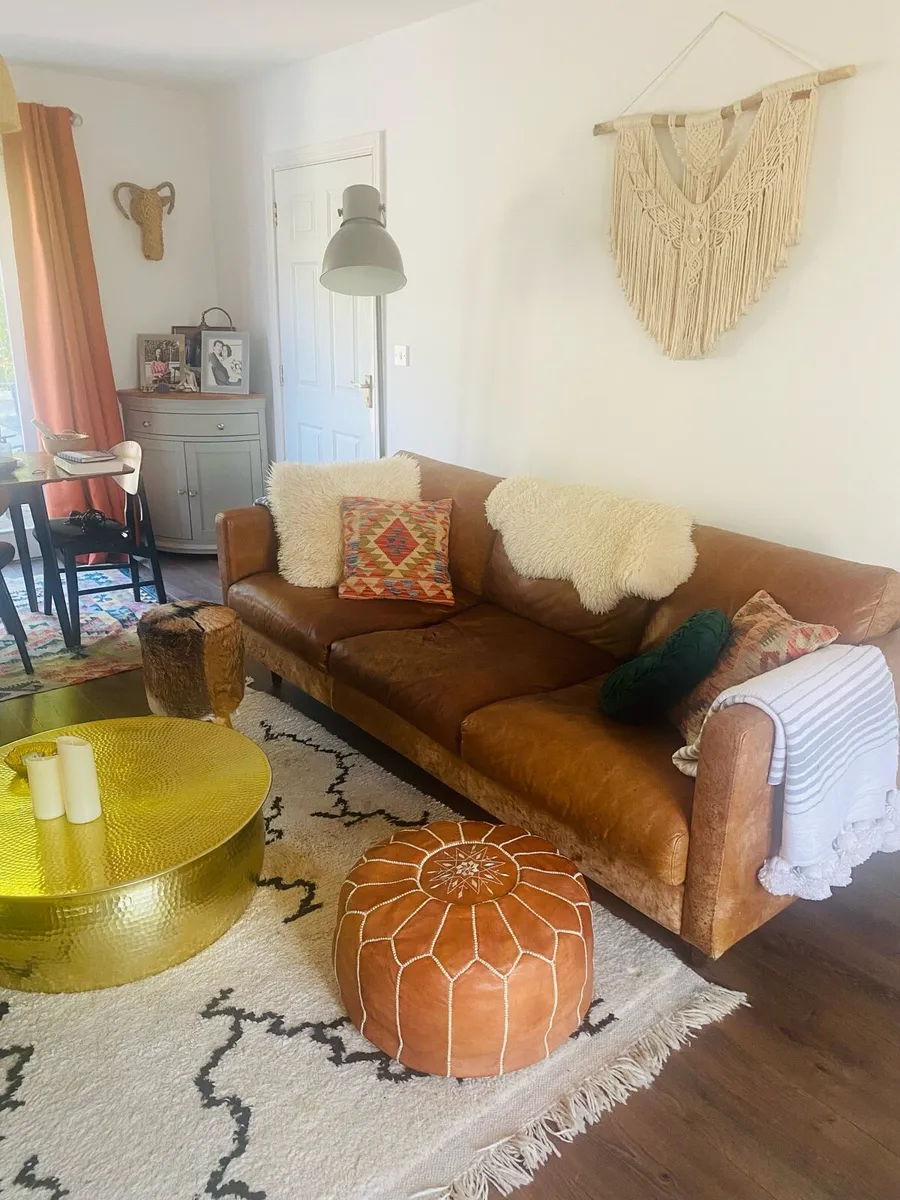 Tan Leather 3 seater sofa plus accessories - Image 1