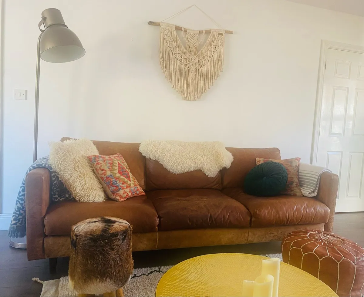 Tan Leather 3 seater sofa plus accessories - Image 2