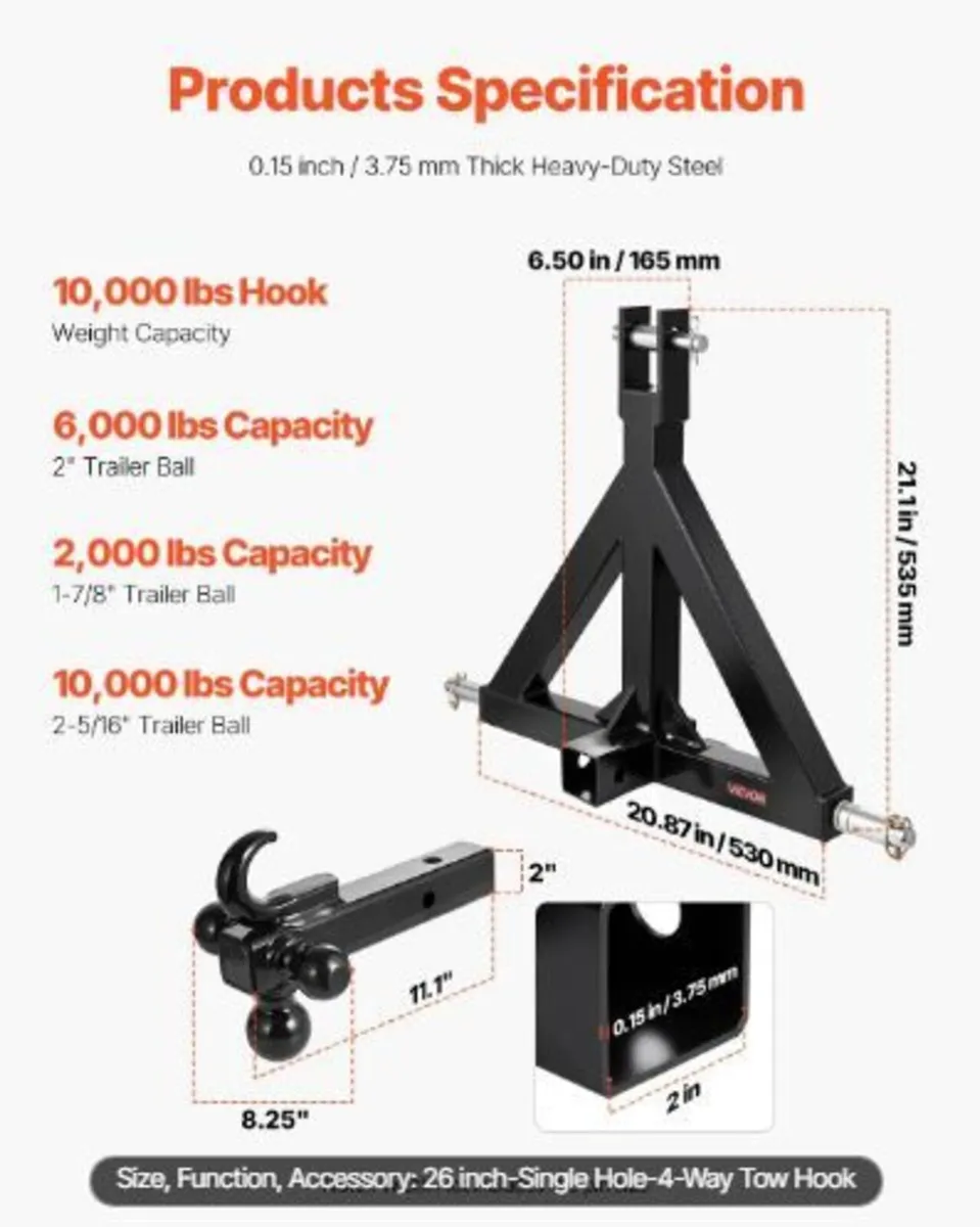 3 Point Trailer Hitch 2 in Receiver - Image 4