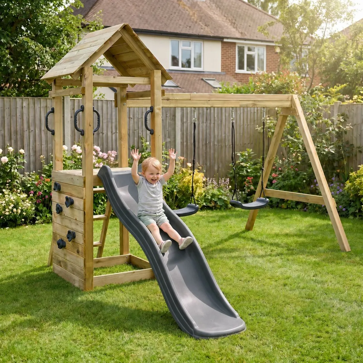 Lily Wooden Climbing Tower with Swings 1.75m Slide - Image 1