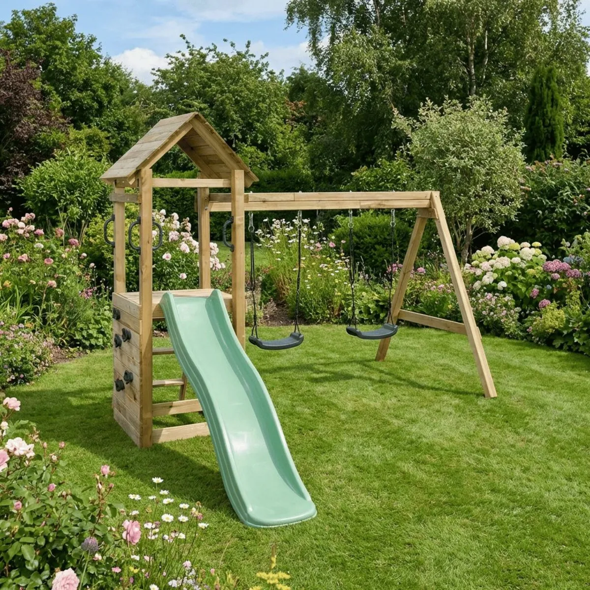 Lily Wooden Climbing Tower with Swings 1.75m Slide - Image 2