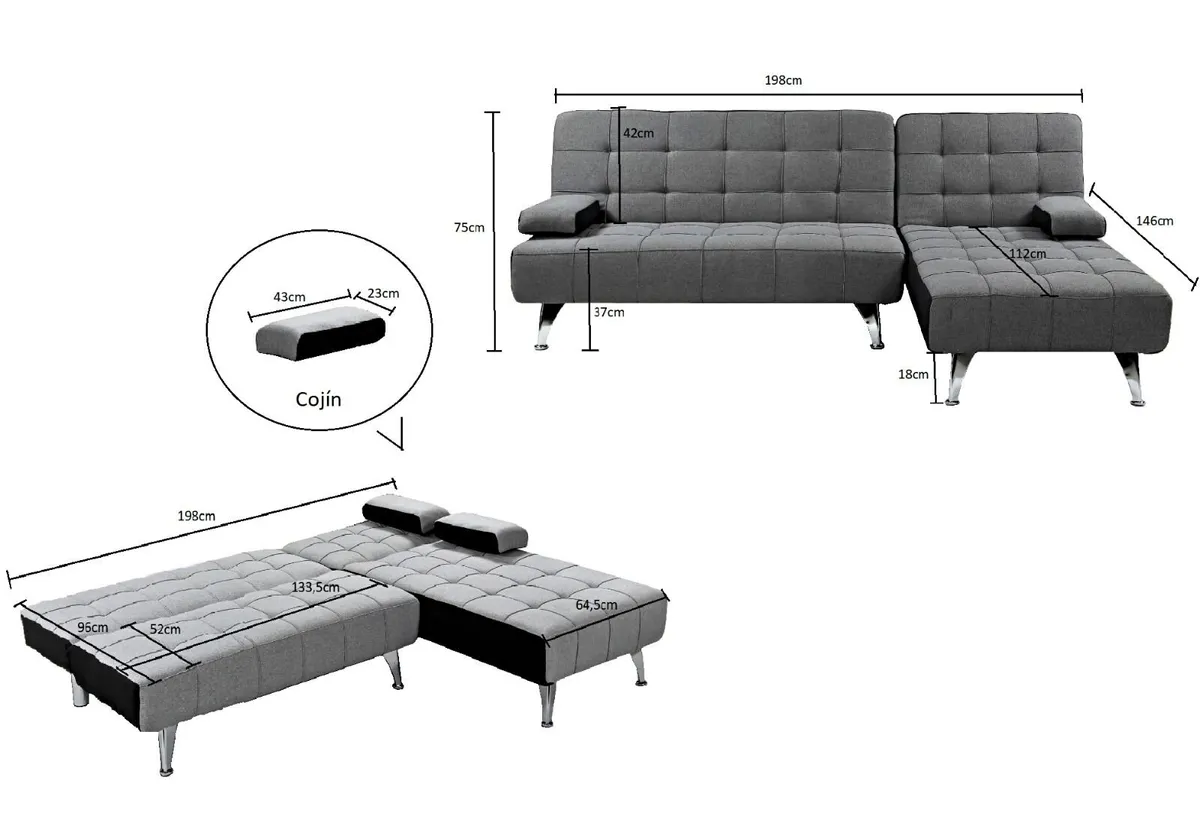 🛋️ DARK GREY Fabric Sofa Bed, Chaise & Cushions - Image 4