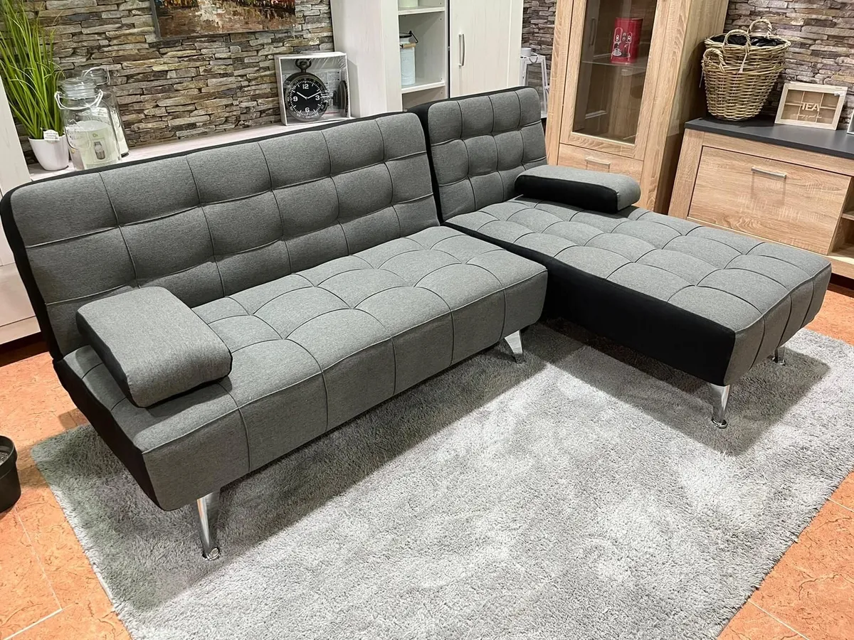 🛋️ DARK GREY Fabric Sofa Bed, Chaise & Cushions - Image 1