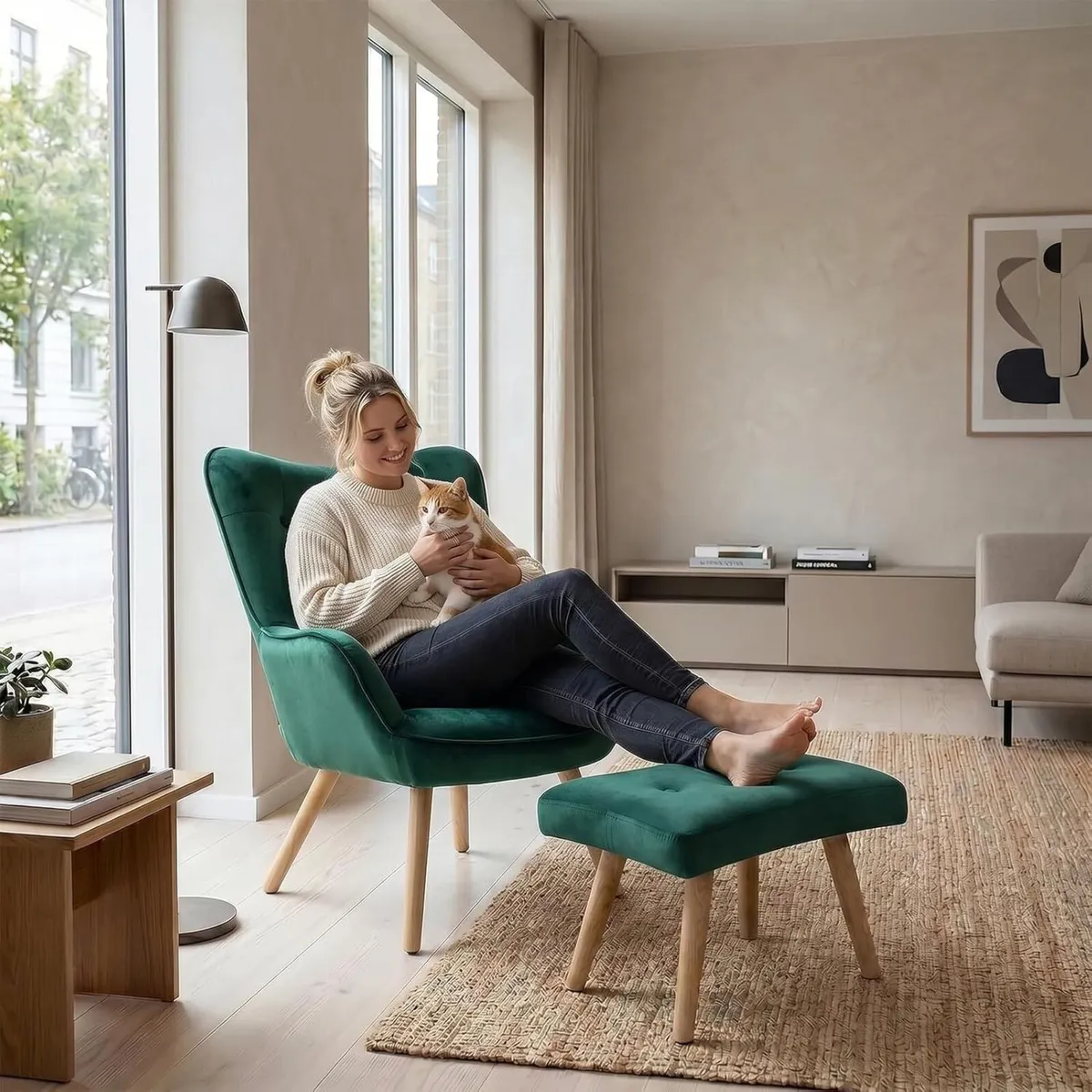 Armchair with Footstool Comfy Velvet Living Room - Image 2