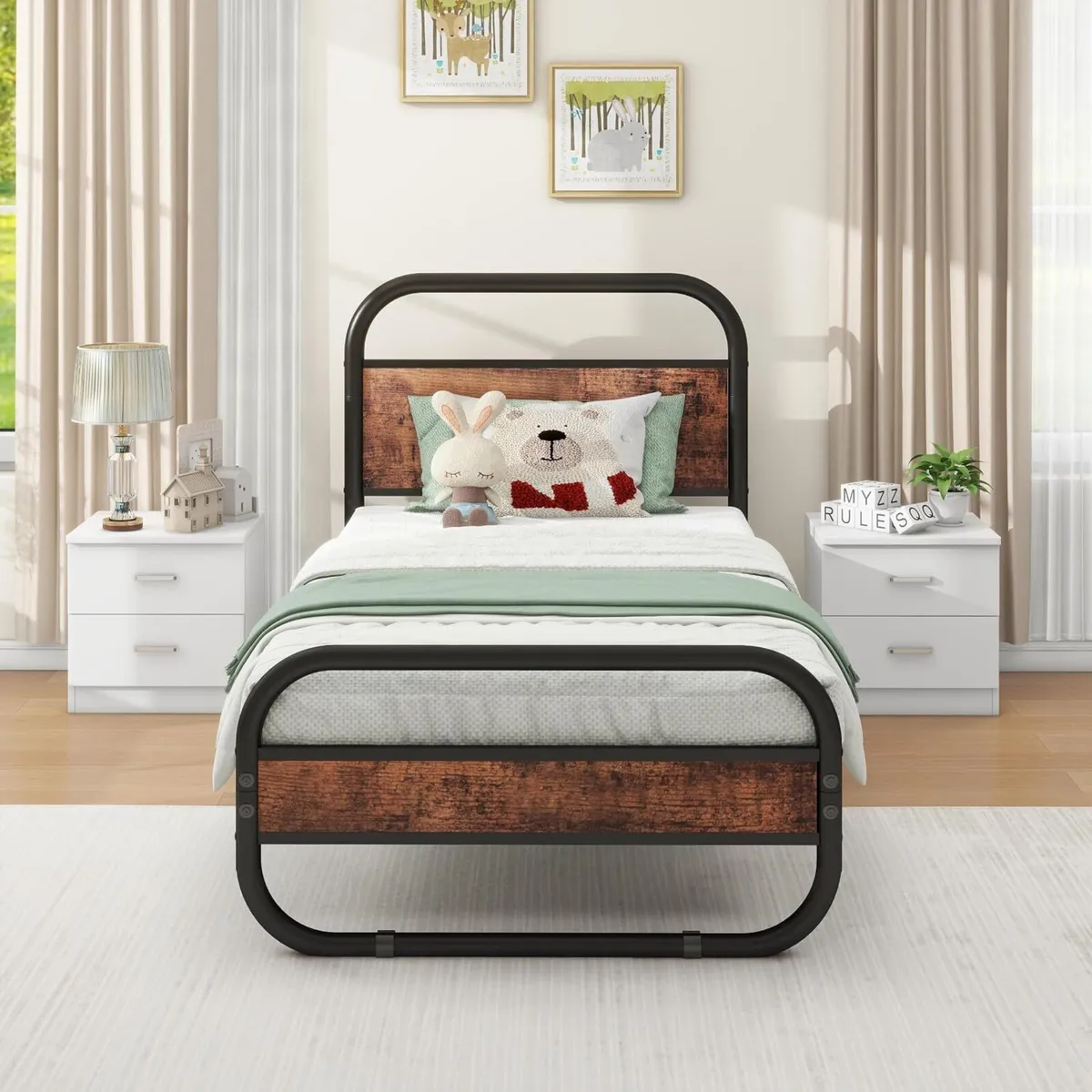 Bed Frame with Wood Headboard and Footboard Metal - Image 3