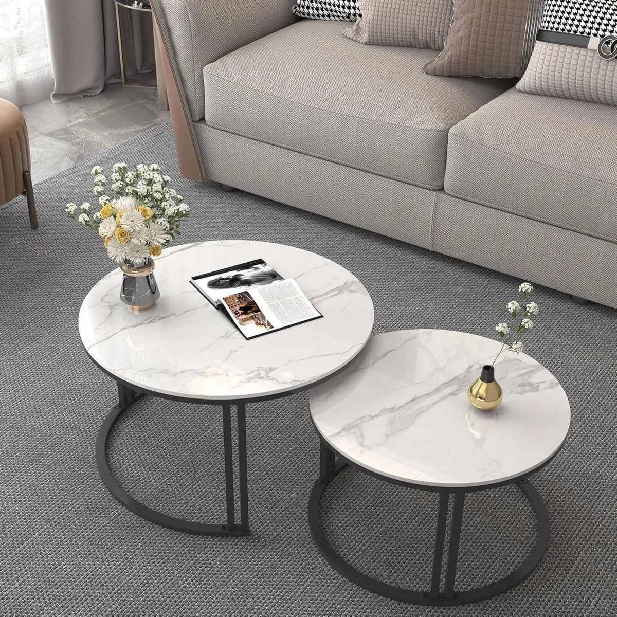 Round Coffee Table Nest Tables Nesting Marble - Image 1