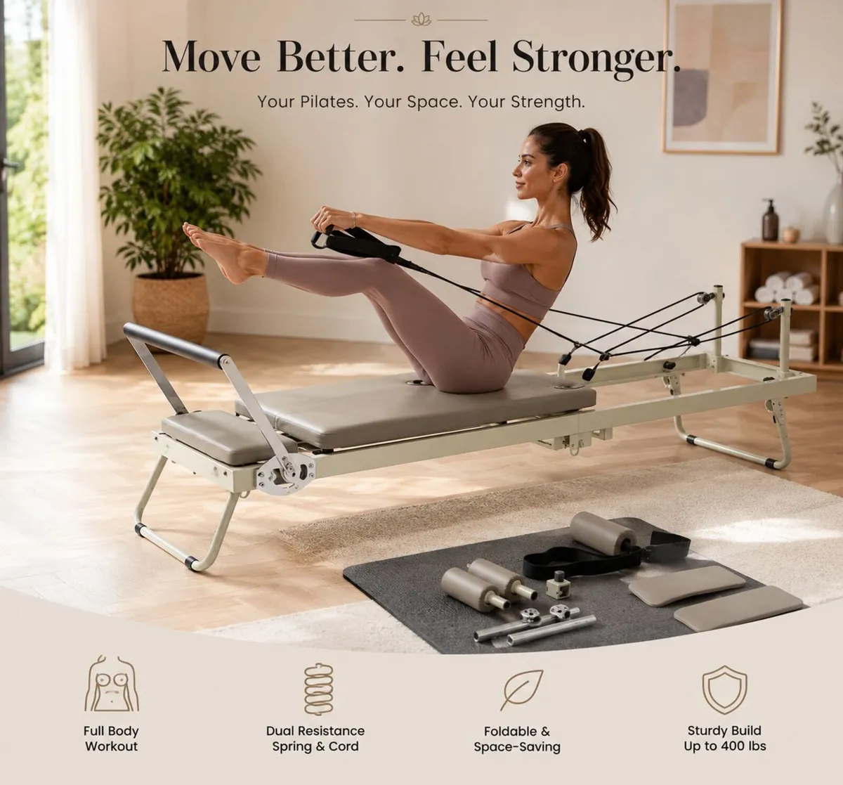 Foldable Pilates Reformer Machine Compact Home Gym - Image 2