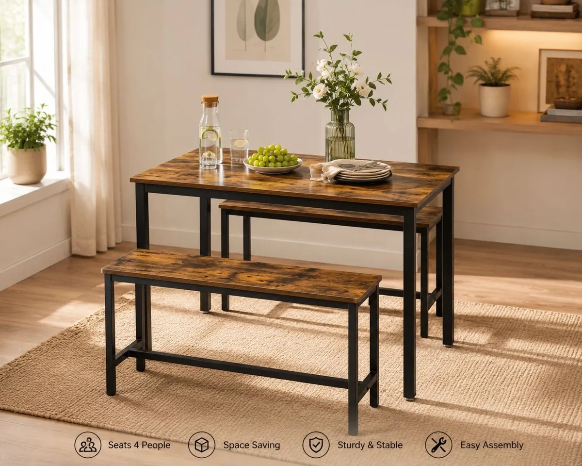 Industrial Dining Table Set with 2 Benches Kitchen - Image 1