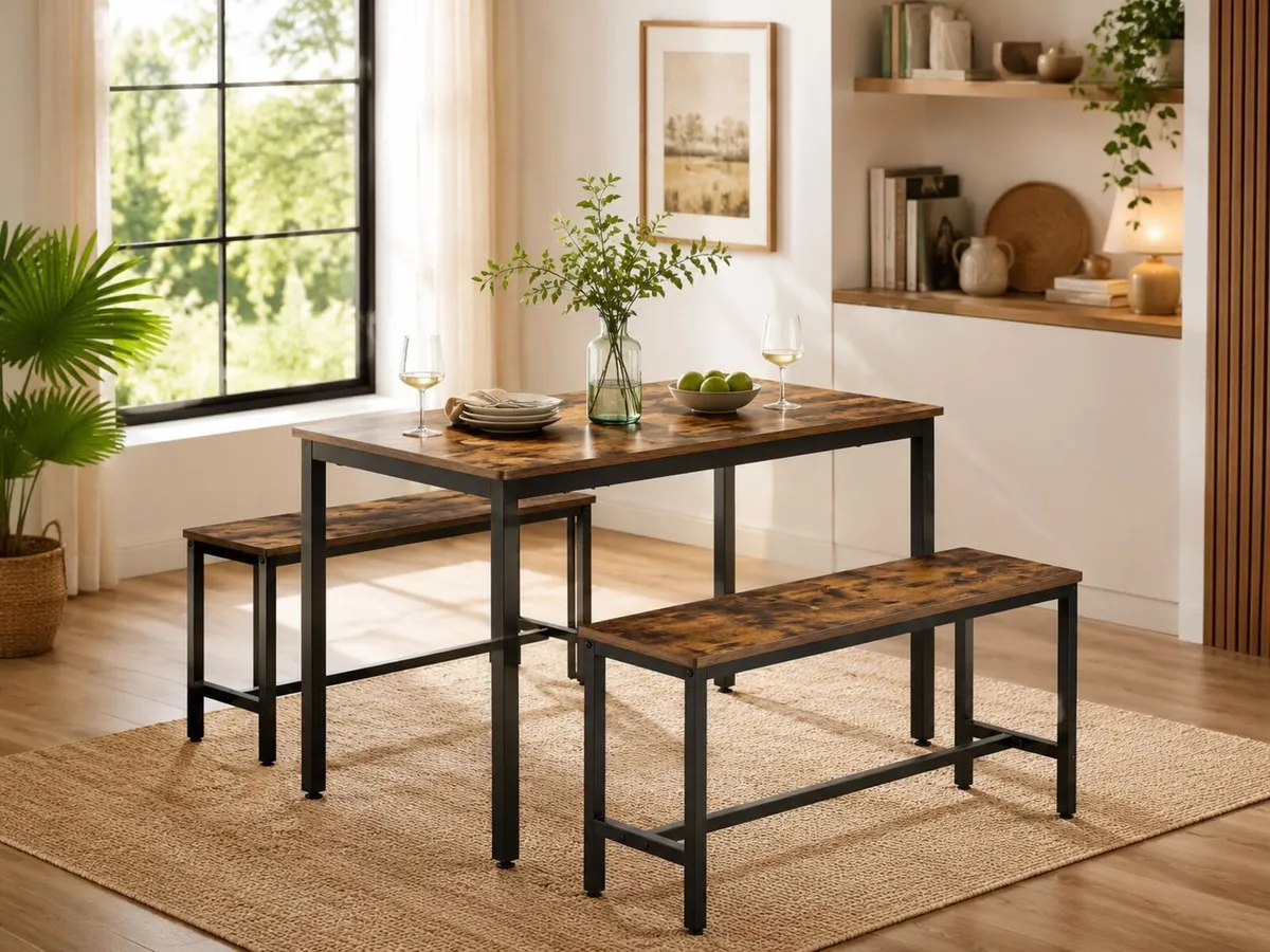 Industrial Dining Table Set with 2 Benches Kitchen - Image 2