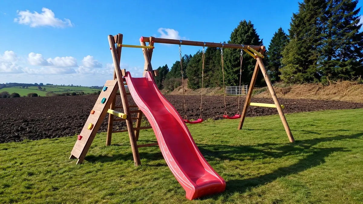 Bosse Wooden Swing Set with Slide & Climbing Wall - Image 3