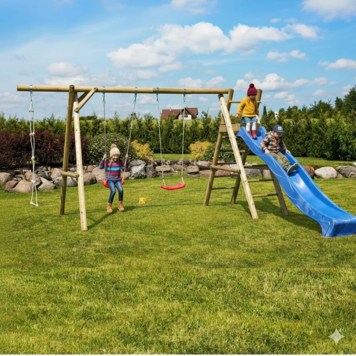 Henry Wooden Swing Set with Rope Ladder & Slide - Image 1