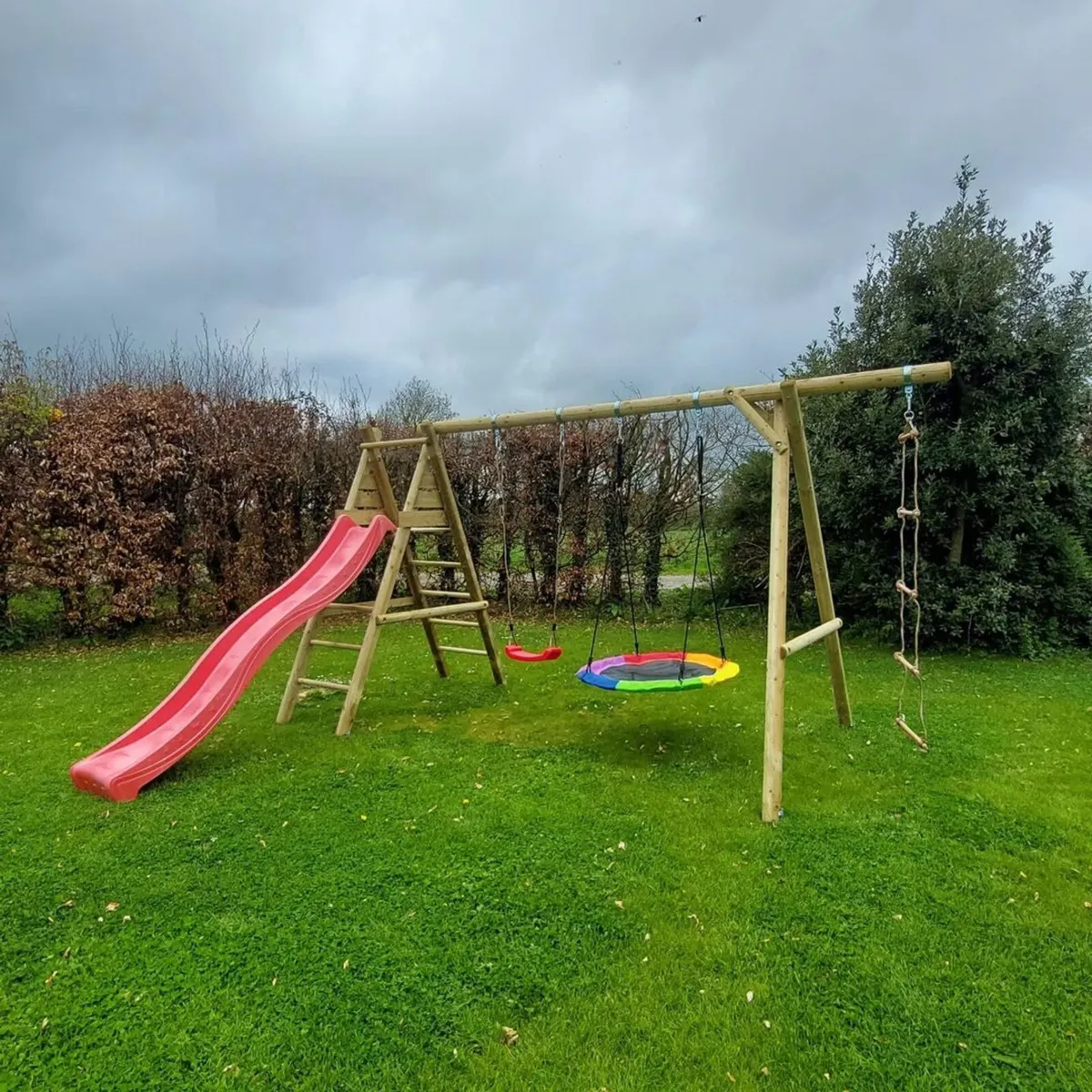Henry Wooden Swing Set with Rope Ladder & Slide - Image 2