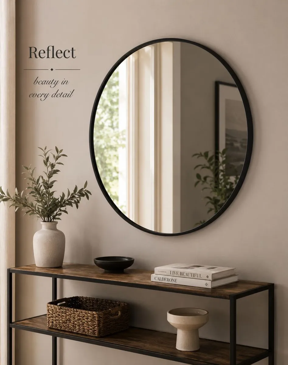 Black Round Wall Mirror 76 cm Modern Bathroom Mirr - Image 1