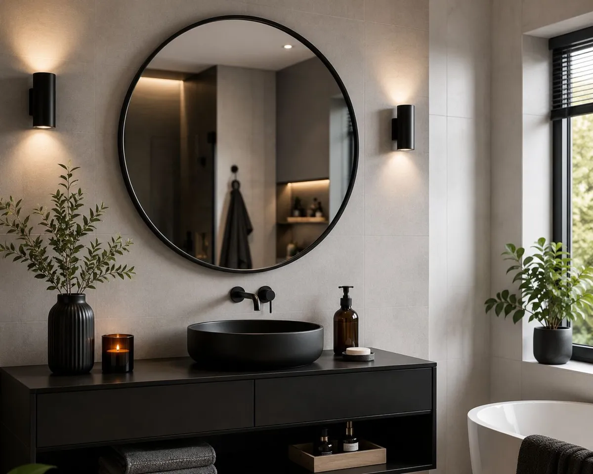 Black Round Wall Mirror 76 cm Modern Bathroom Mirr - Image 2