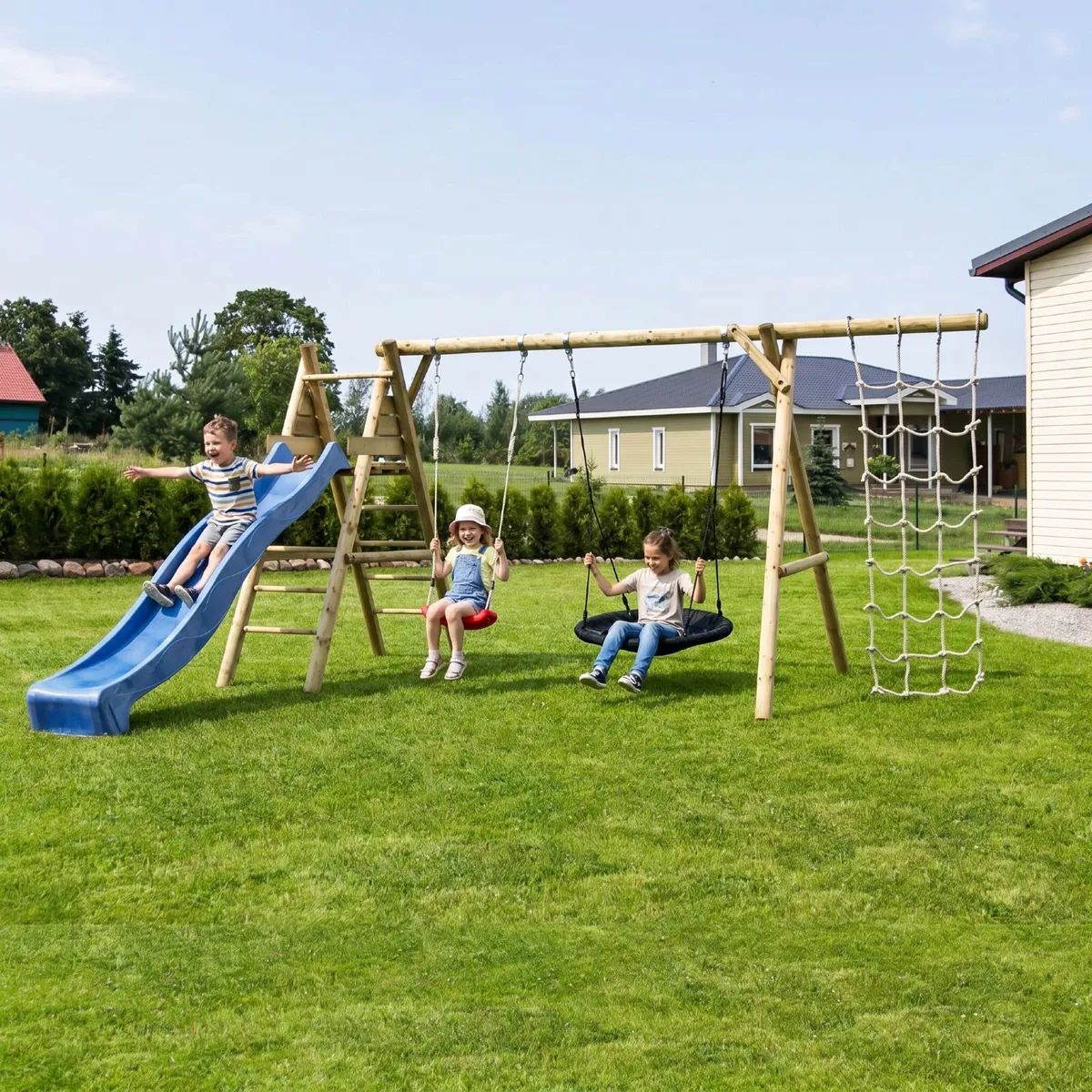 Frankie Wooden Swing Set with Swing, Slide & Net - Image 1