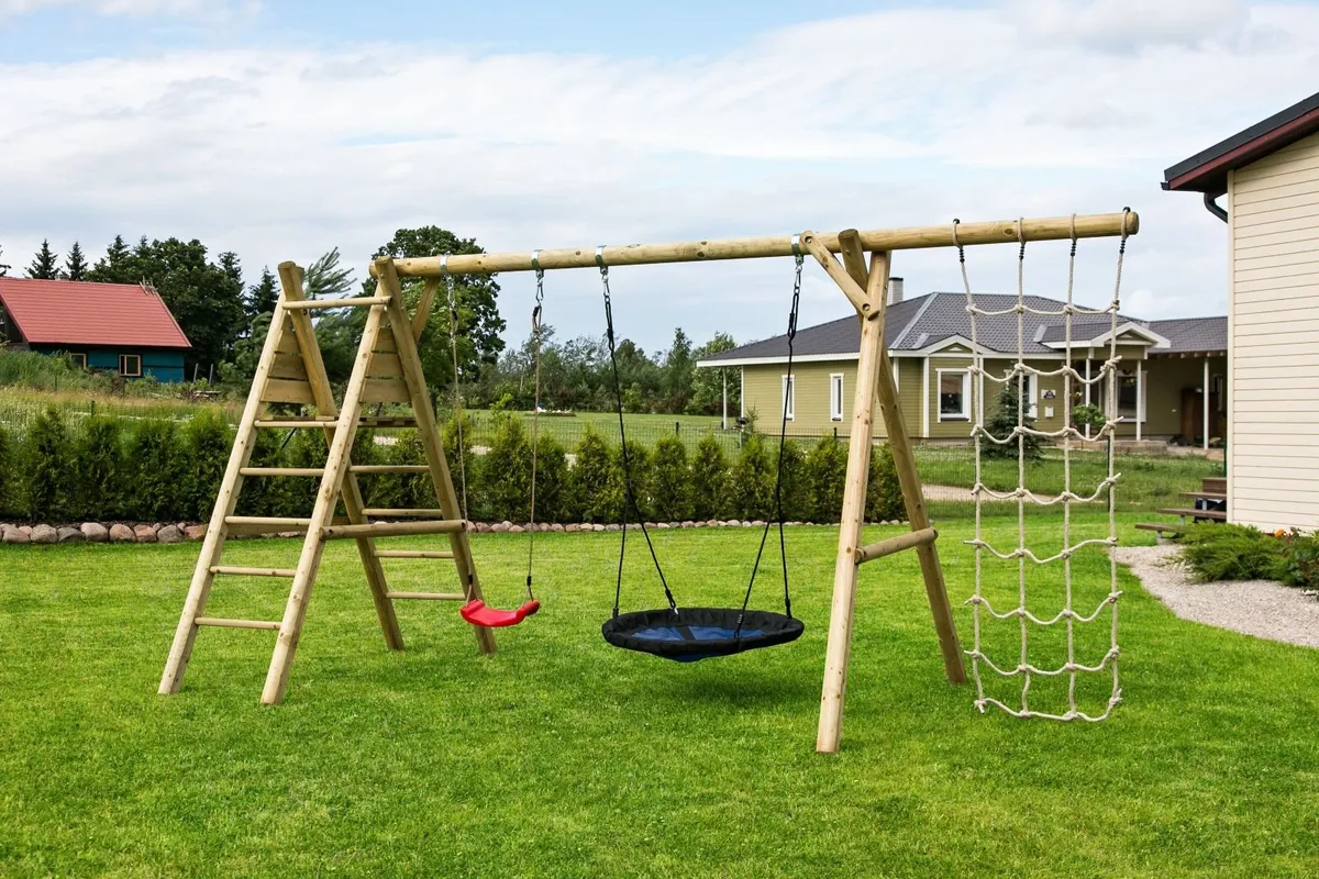 Frankie Wooden Swing Set with Swing, Slide & Net - Image 3