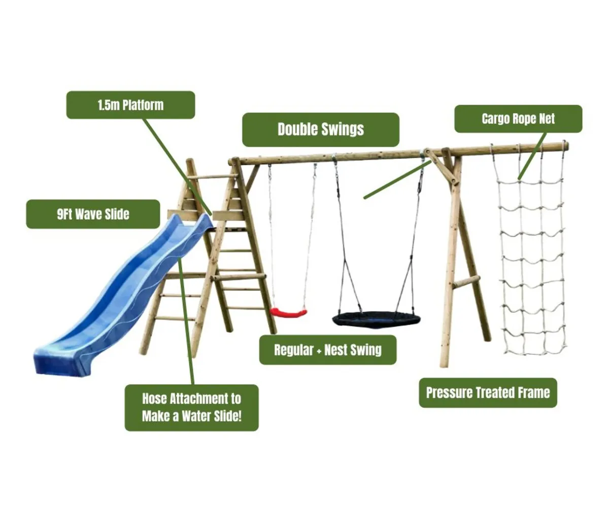 Frankie Wooden Swing Set with Swing, Slide & Net - Image 2
