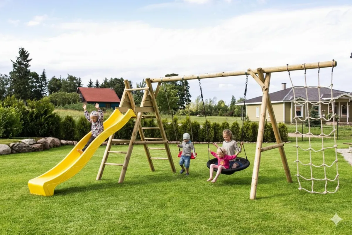 Frankie Wooden Swing Set with Swing, Slide & Net - Image 4