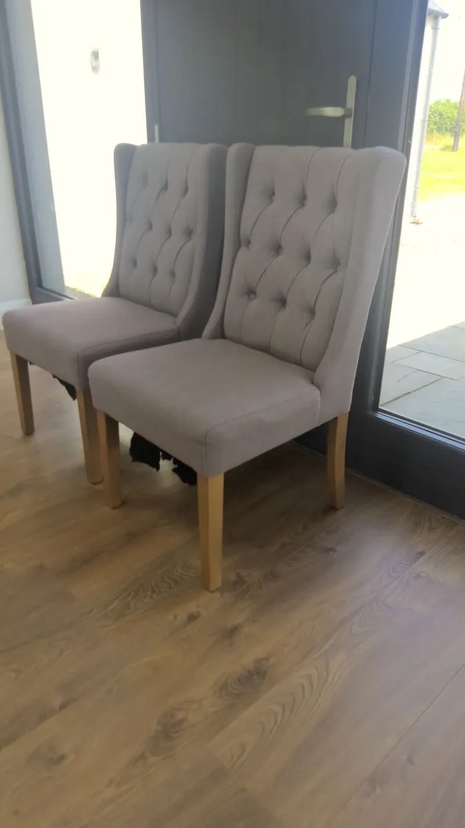 2 Grey Upholstered Dining Chairs – Button-Back Des