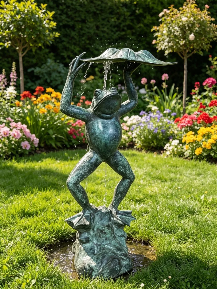 Bronze frog on Lilly pad water feature