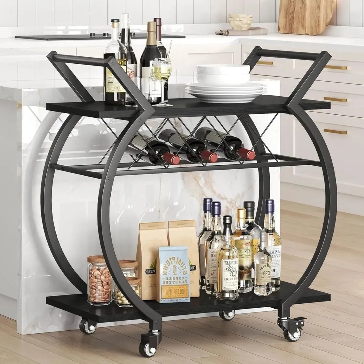 Wine Rack Serving Trolley with Wheels Bar Cart - Image 4