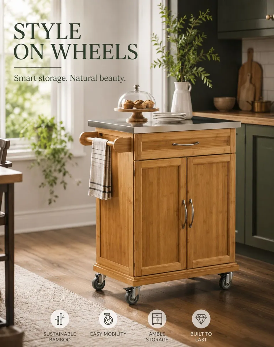 Bamboo Kitchen Trolley with Stainless Steel Top - Image 1