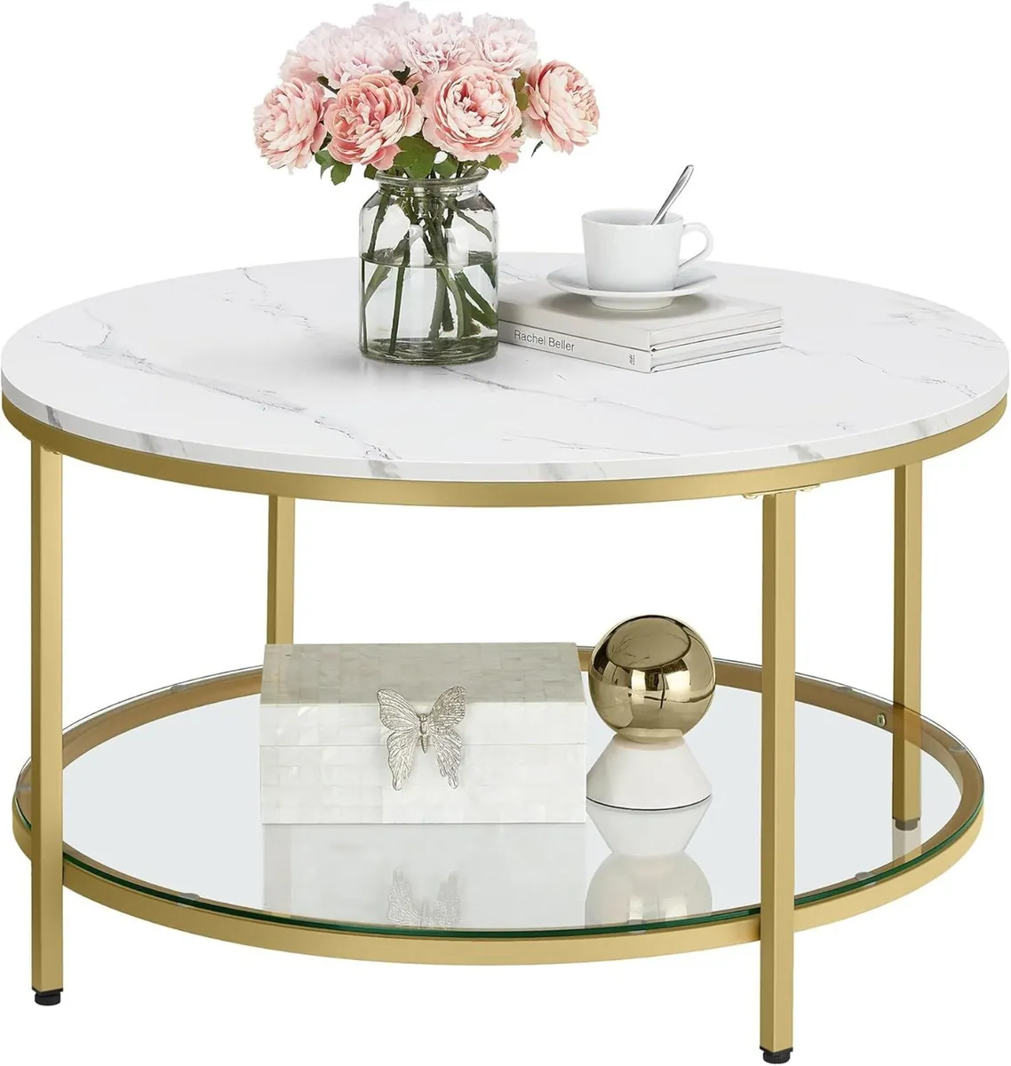 White Marble Effect Coffee Table with Tempered Gla - Image 2