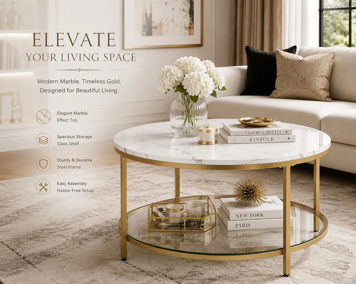 White Marble Effect Coffee Table with Tempered Gla - Image 1