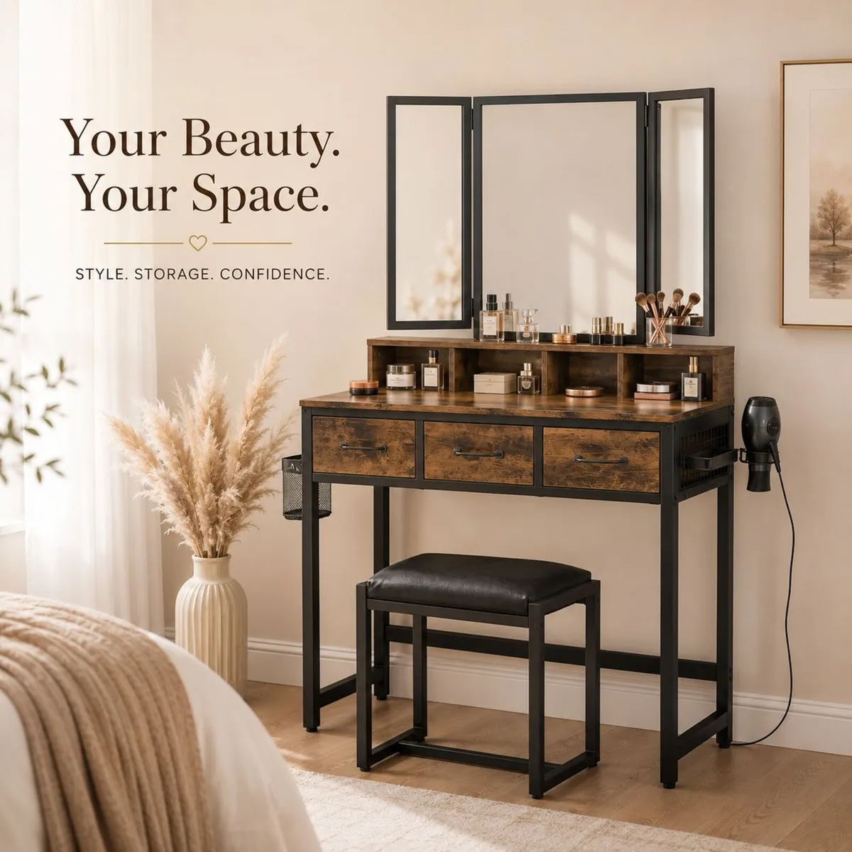 Industrial Dressing Table with Folding Mirror and - Image 1