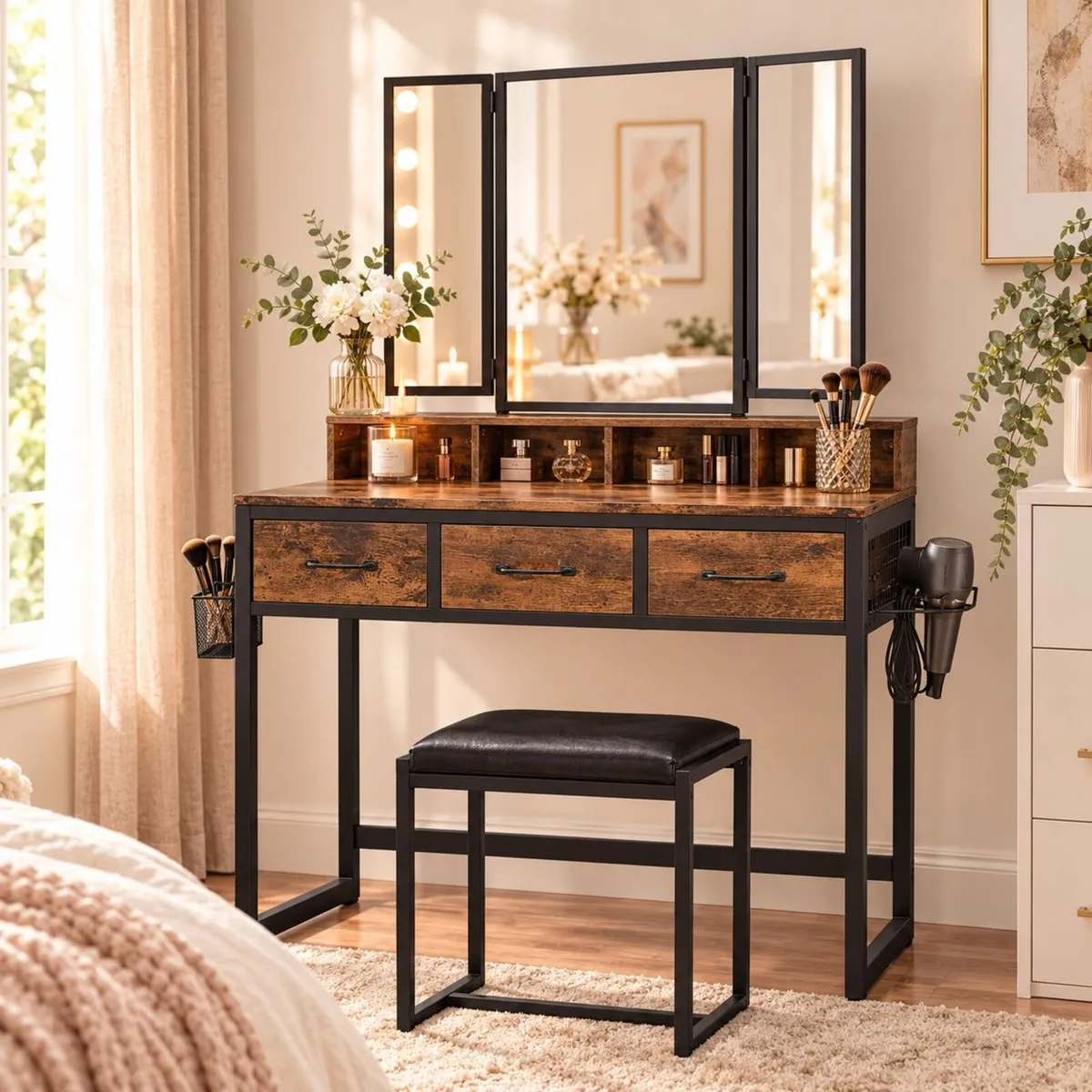 Industrial Dressing Table with Folding Mirror and - Image 2