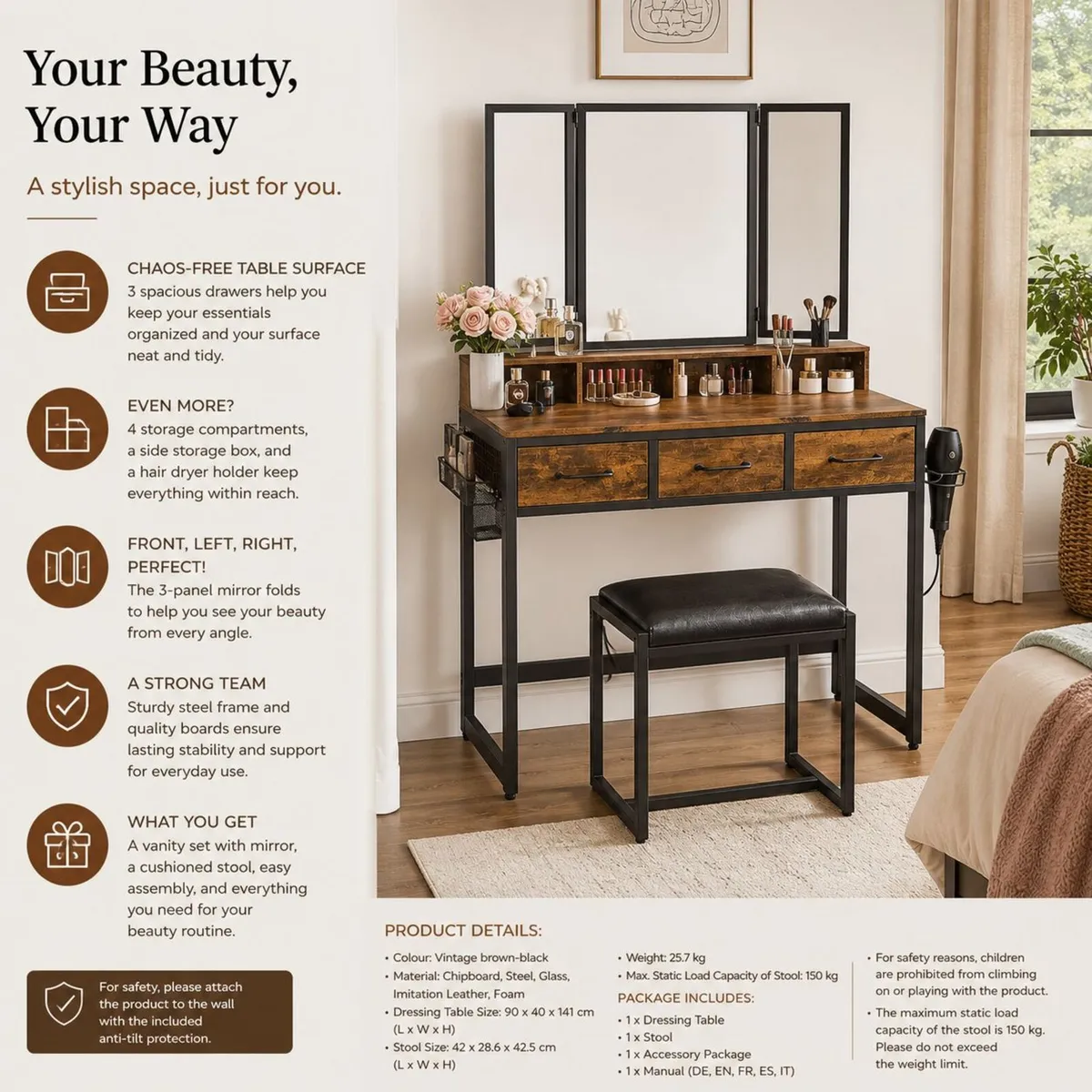 Industrial Dressing Table with Folding Mirror and - Image 4