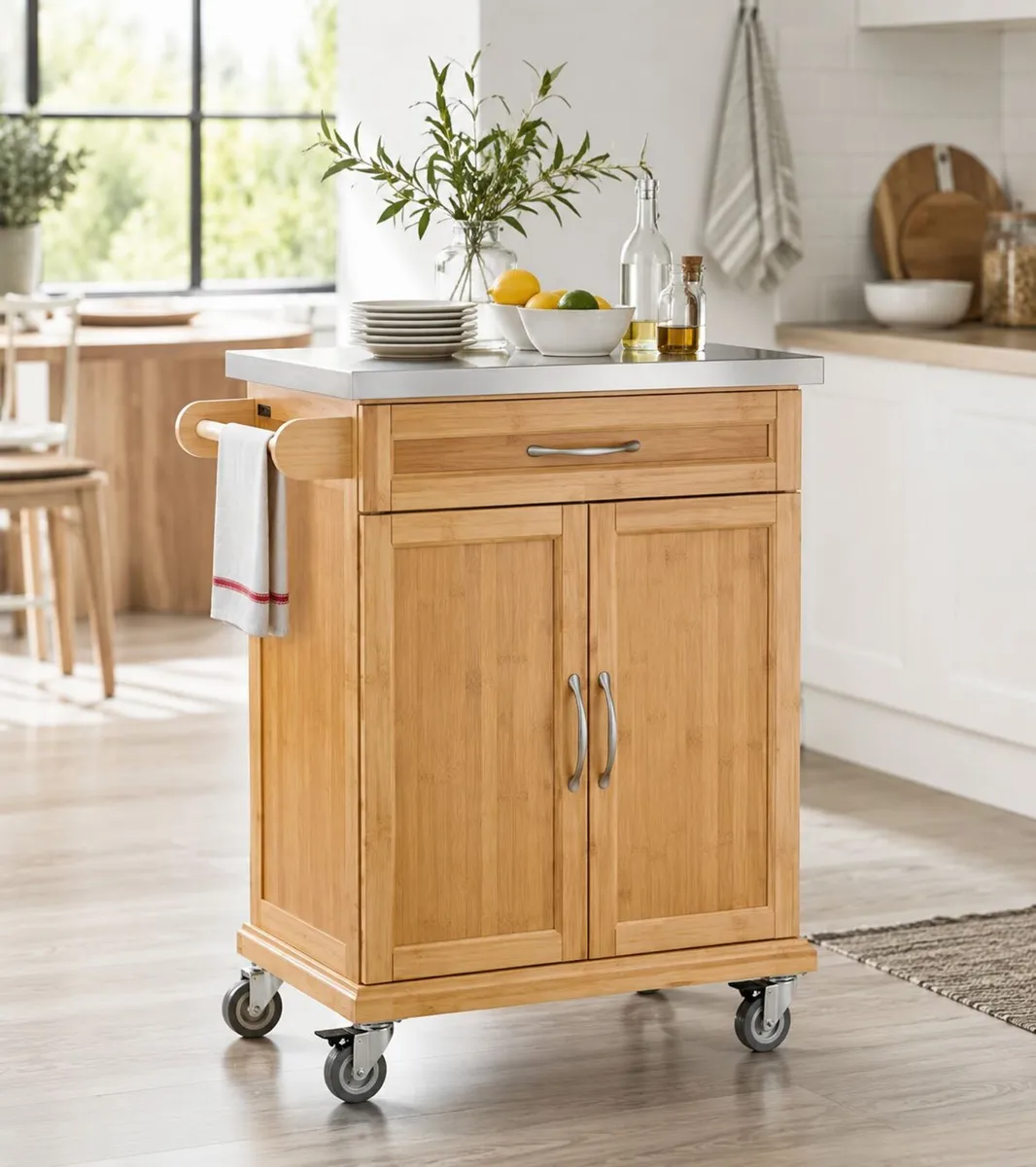 Bamboo Kitchen Trolley with Stainless Steel Top - Image 2