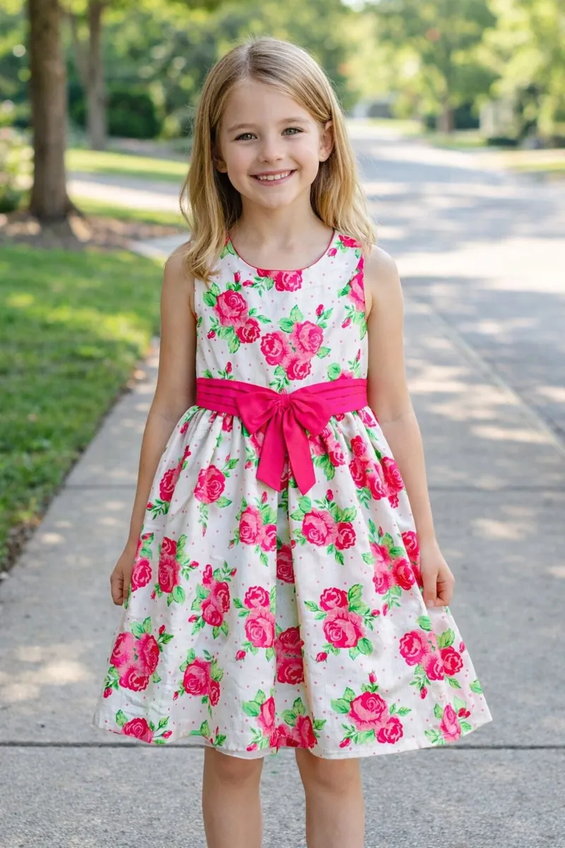 Girls Pink and White Floral Party Dress - Image 1