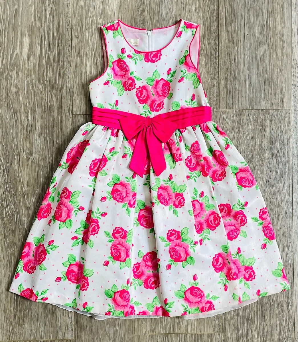 Girls Pink and White Floral Party Dress - Image 2