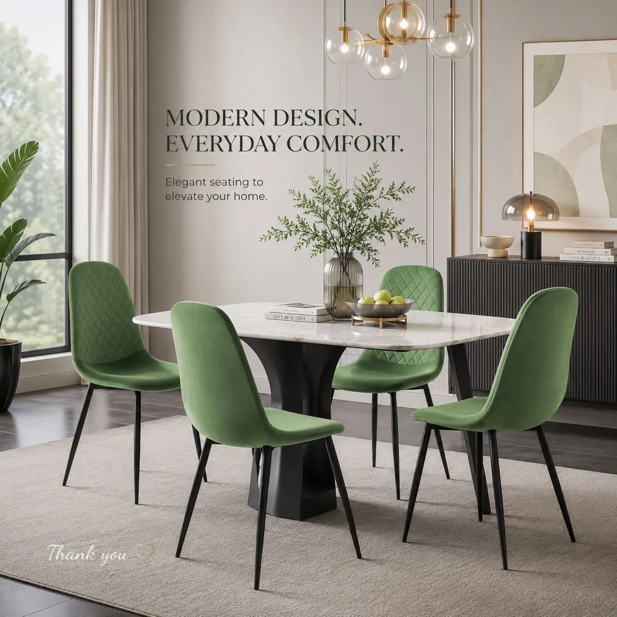 Set of 4 Sage Green Velvet Dining Chairs – Modern - Image 1