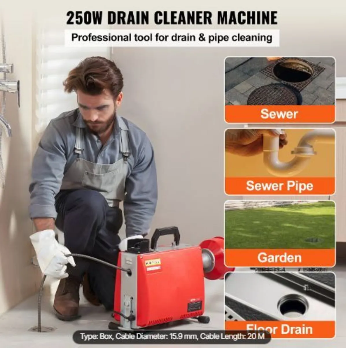 Drain Cleaner Machine 20m x 16mm 250W - Image 2