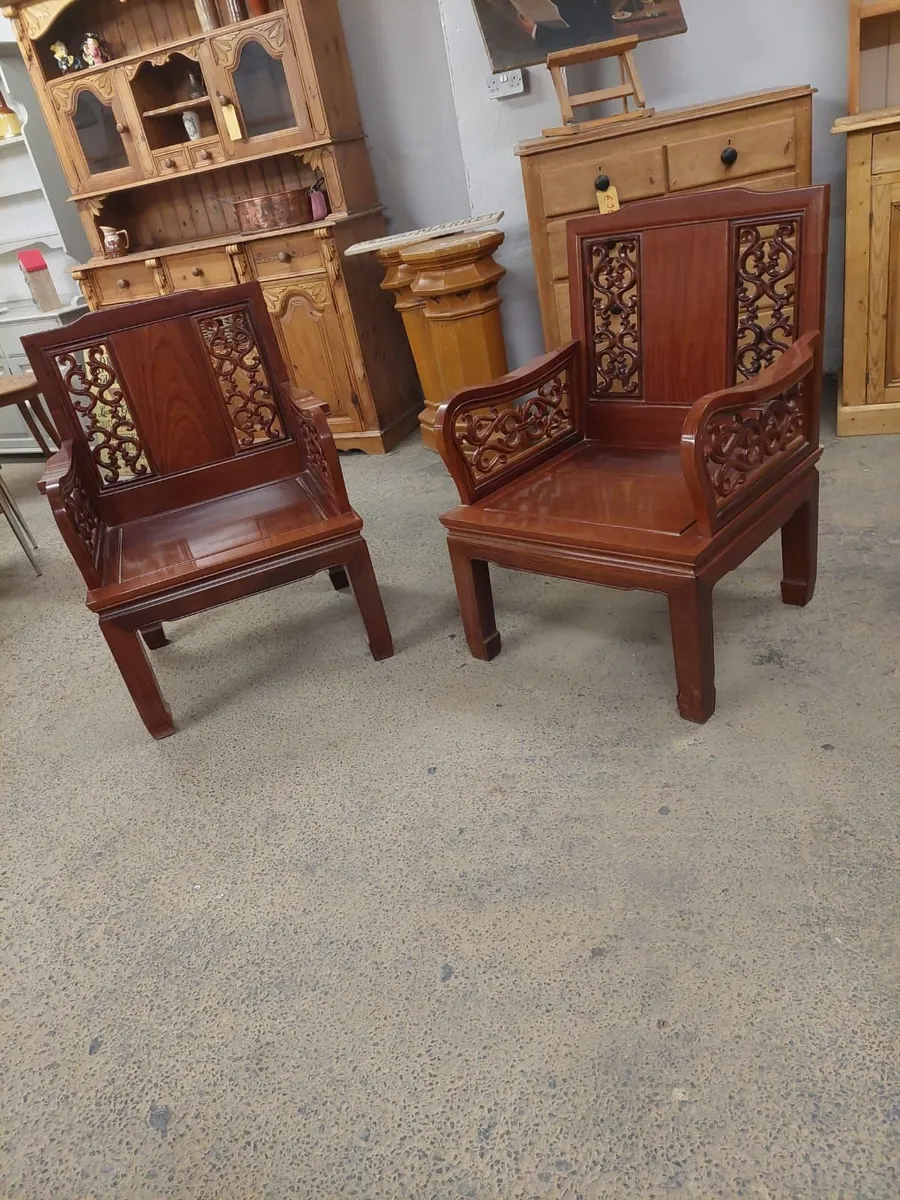 Pair vintage oak Chinese chairs - Image 1