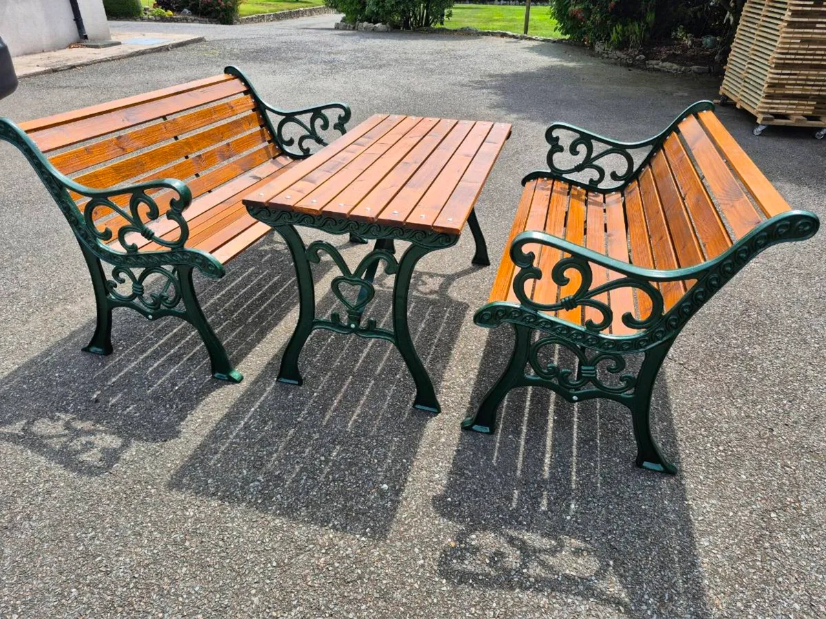 Cast iron garden table and benches - Image 2