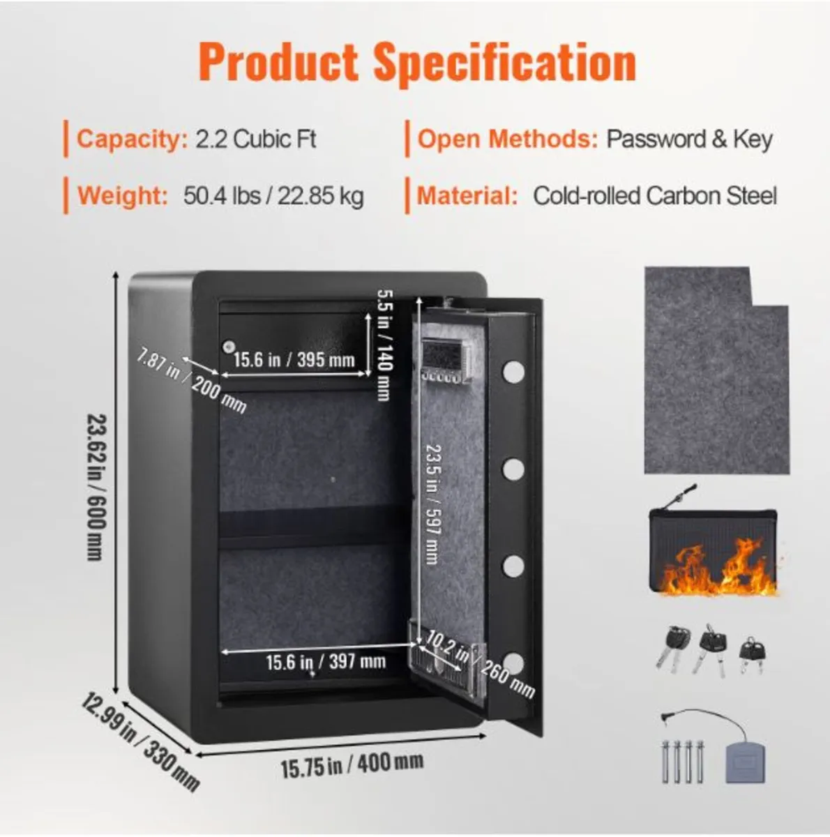 Pass+Key+Fingerprint 2.2Cubic Ft Security Safe Box - Image 3