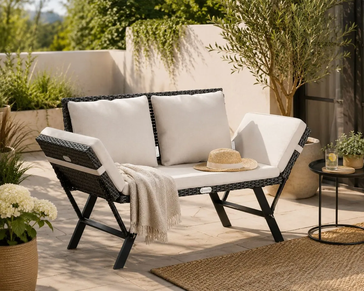 Polyrattan Garden Bench with Reclining Function Cu - Image 2