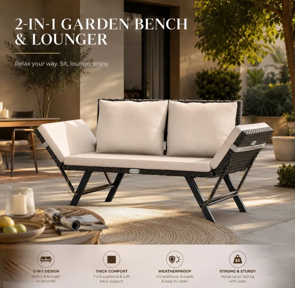 Polyrattan Garden Bench with Reclining Function Cu - Image 3