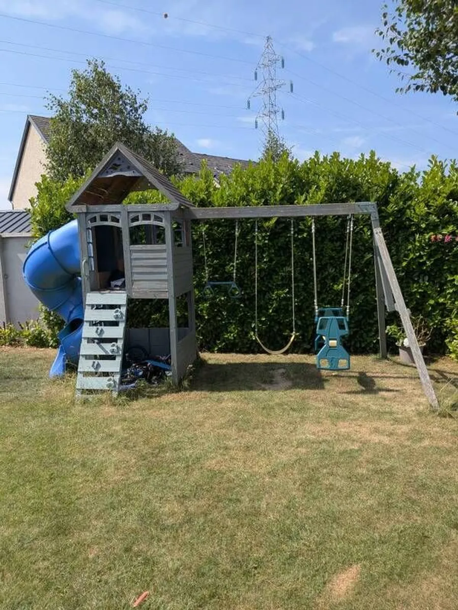 swing set with tub slide and climbing wall - Image 1