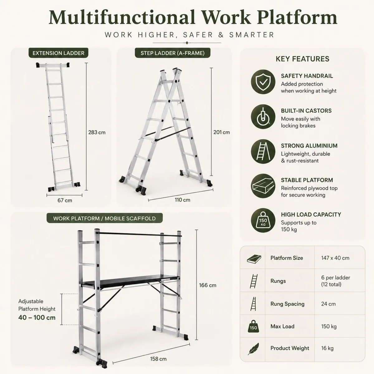Mobile Aluminium Work Platform 5 in 1 Scaffold To - Image 2