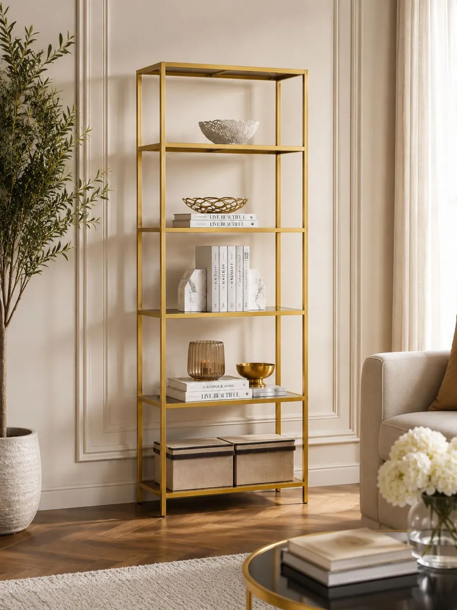 Glass Display Shelf 6 Tier Gold Metal Bookcase Tem - Image 1