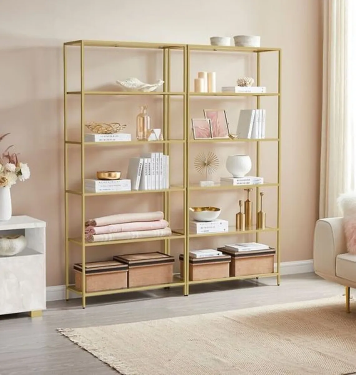 Glass Display Shelf 6 Tier Gold Metal Bookcase Tem - Image 2