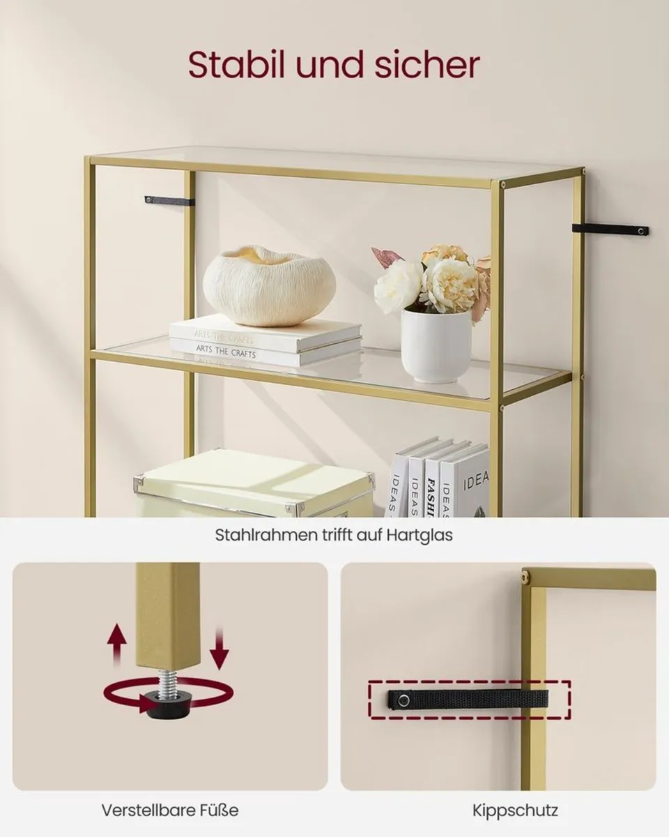 Glass Display Shelf 6 Tier Gold Metal Bookcase Tem - Image 4